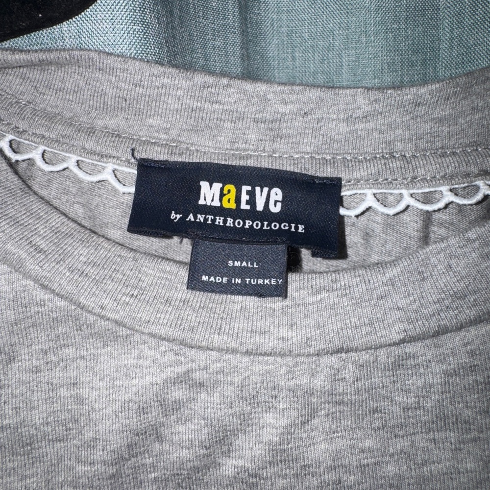 Anthropologie Maeve short-sleeve ruched top featuring a gray top blue stripe - Picture 3 of 5